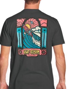 Rip Curl Charcoal Tee with Pink, Teal & Yellow Surf Graphic! L